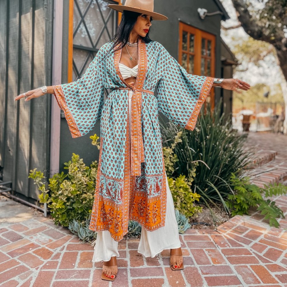 Boho Paisley Bohemian Romantic Turquoise Kimono - Picture 8 of 10
